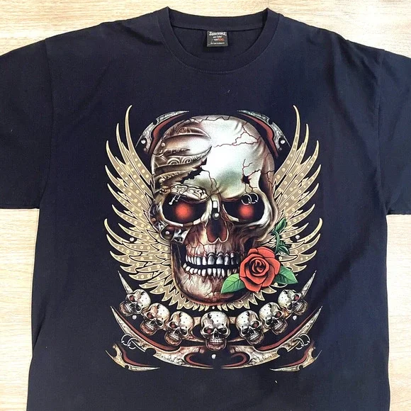 Vintage 90s Y2K SURVIVORS Skulls 3D Wings Rose Studs & Piercings T-Shirt Men 2XL Tees - Short Sleeve